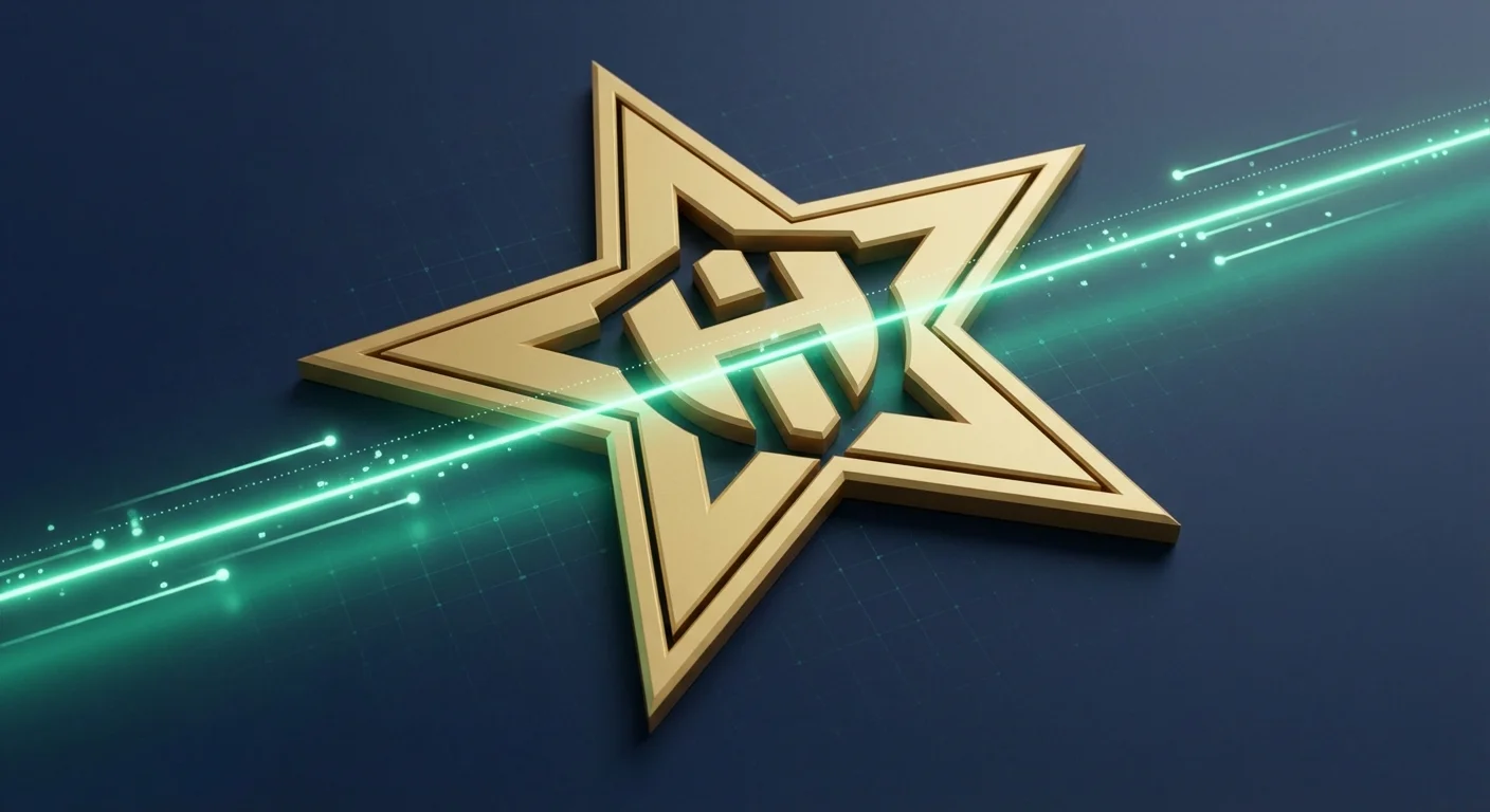A golden star emblem being scanned by a digital light, representing military verification.
