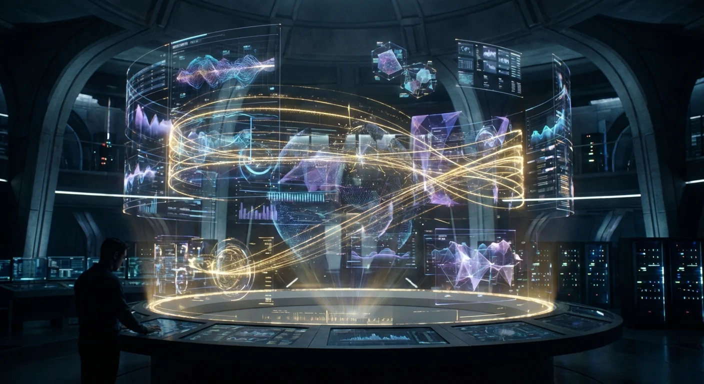 3D holographic financial dashboard with complex data nodes and golden lines.