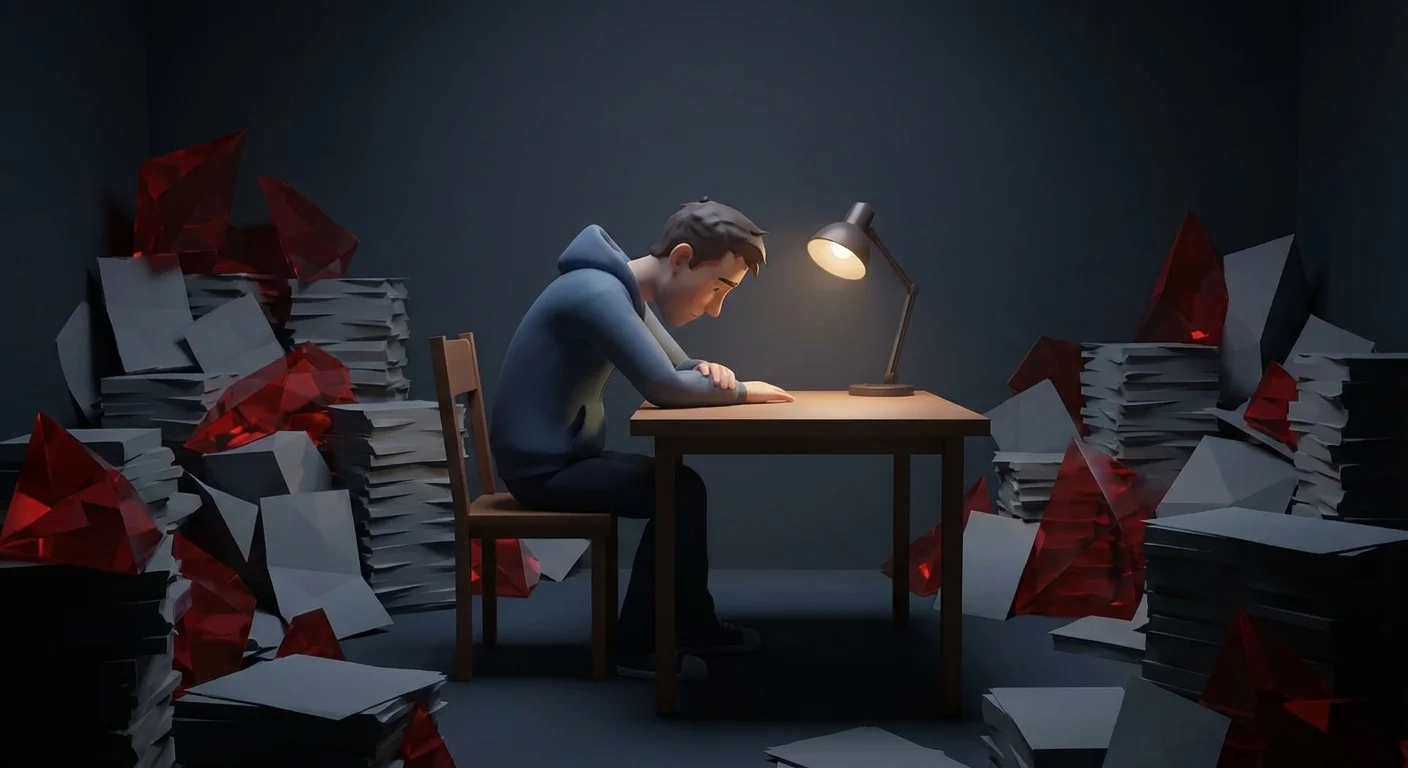 3D illustration of a stressed person surrounded by tall grey pillars and red shards.