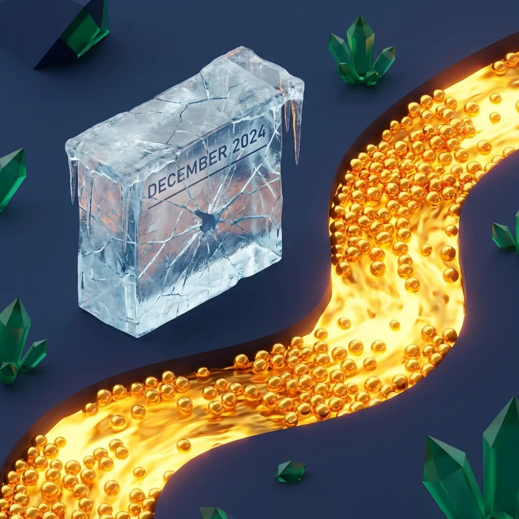 3D isometric art showing a frozen glass calendar next to a moving river of gold spheres.