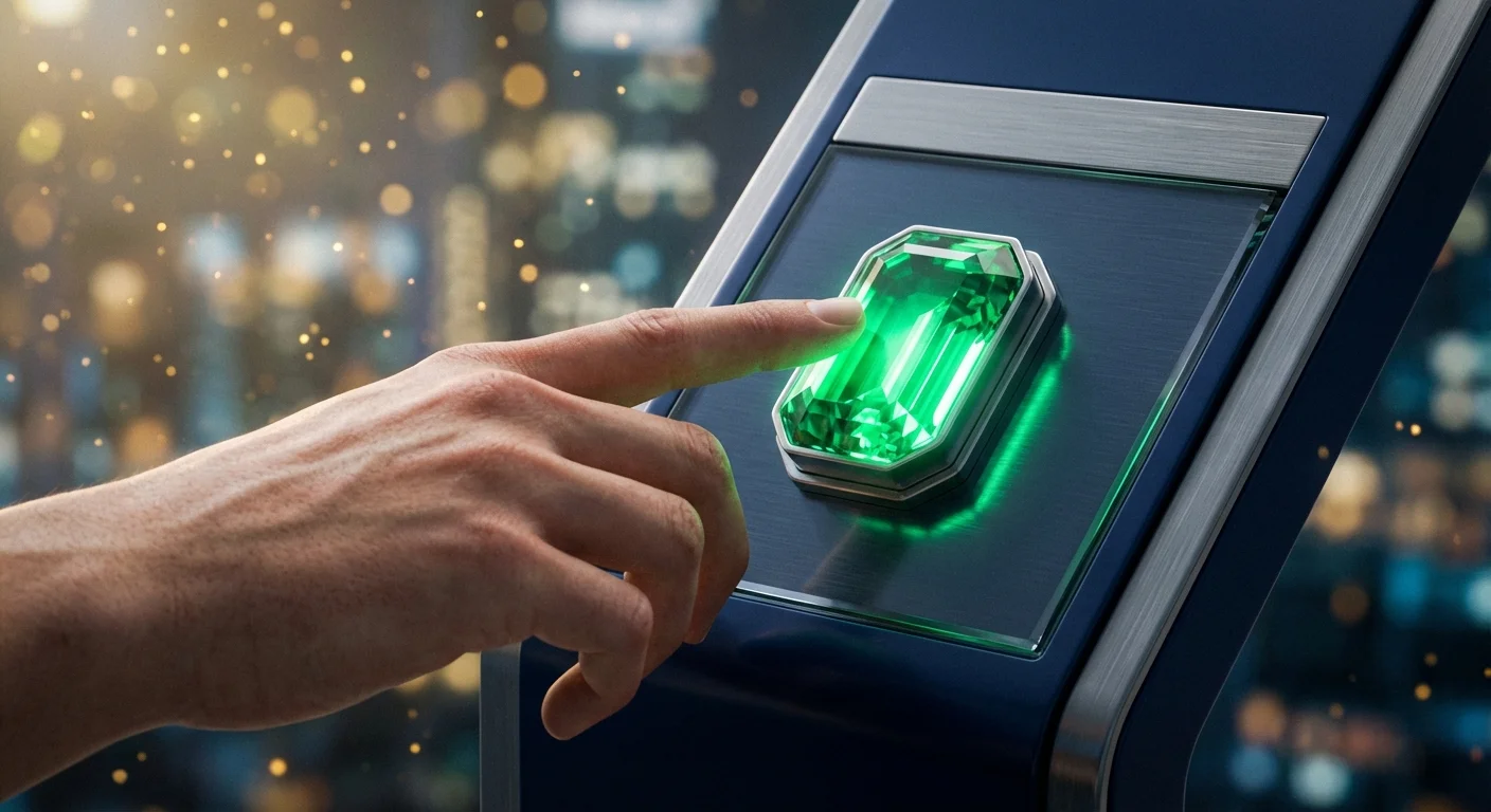 3D render of a hand pressing a glowing green start button on a sleek panel.