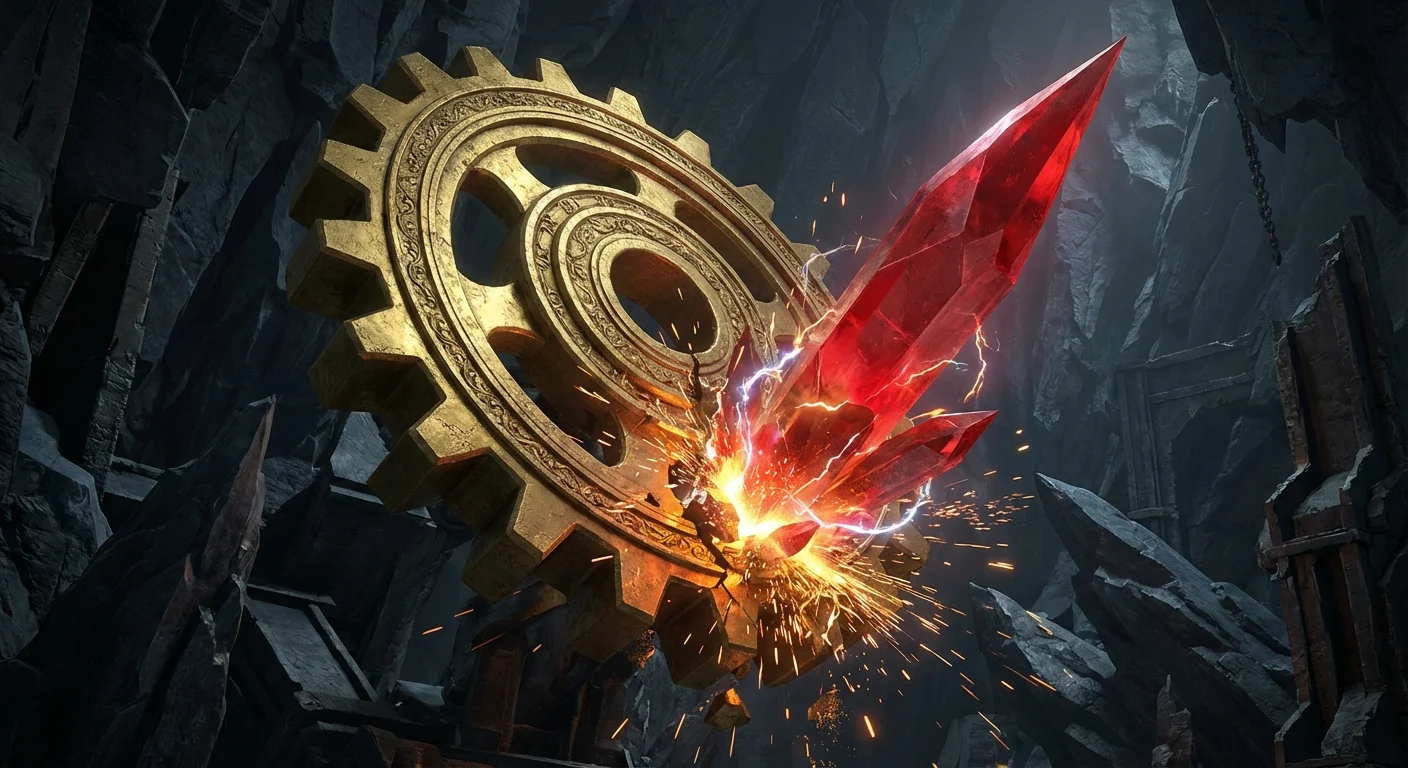 3D render of a red crystal jamming a golden gear system.