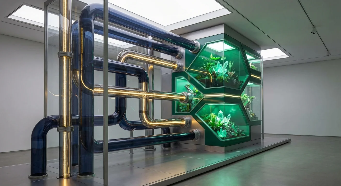 3D render of a sleek pipe system directing golden light into growth chambers.