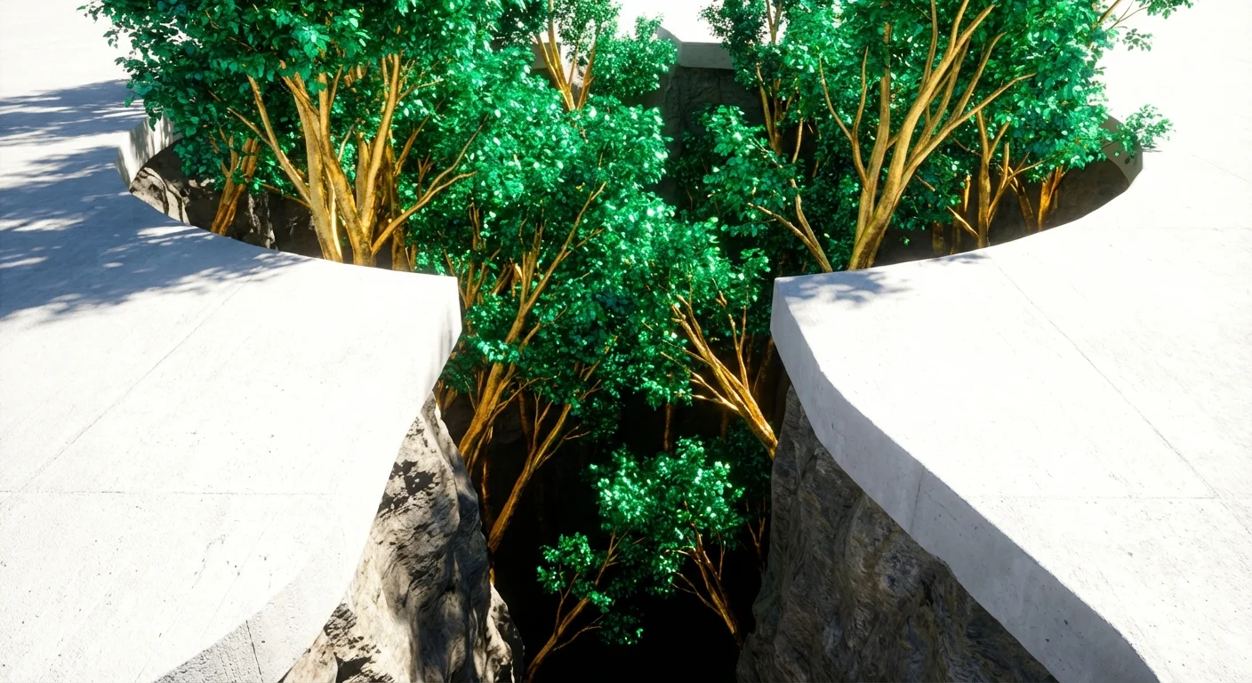 3D render of golden trees growing in the gap between two diverging platforms.