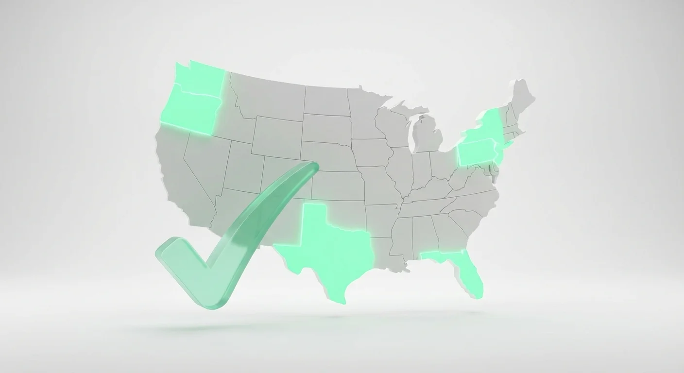 A stylized 3D US map with glowing green sections and a large floating checkmark.
