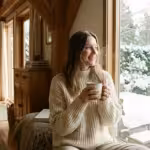 A person in a cozy sweater enjoying a warm drink in a sunlit, energy-efficient winter home.