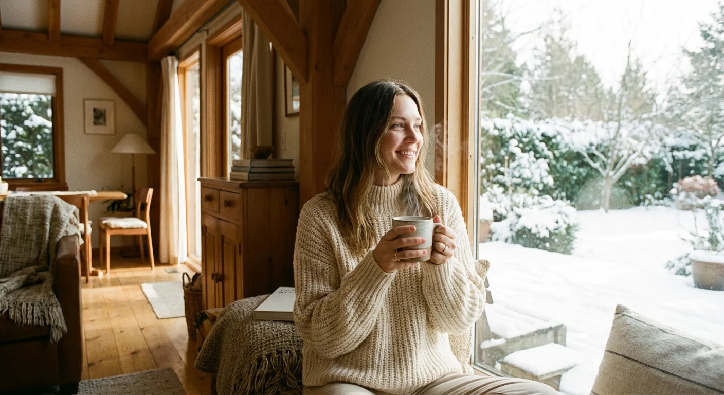 A person in a cozy sweater enjoying a warm drink in a sunlit, energy-efficient winter home.