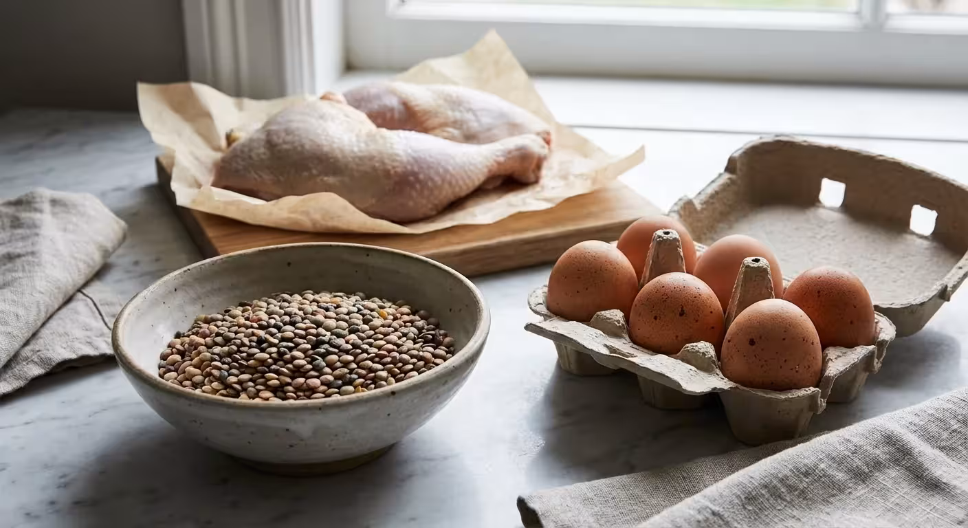 A beautiful arrangement of budget-friendly protein sources like eggs, lentils, and chicken.