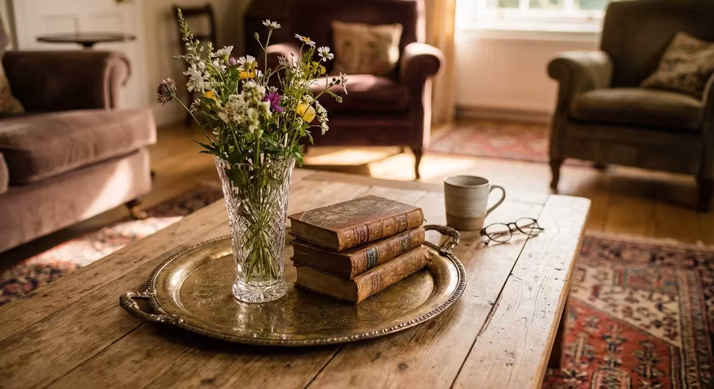 A beautifully styled coffee table with vintage brass and crystal decor items.