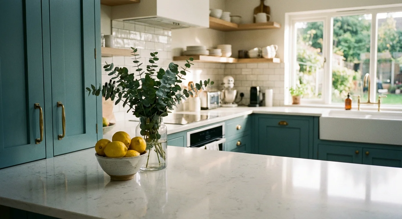 A bowl of lemons and flowers on a counter in a refreshed kitchen.