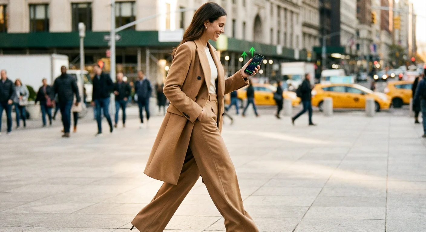 A busy professional checking her financial dashboard on the go in a modern city.