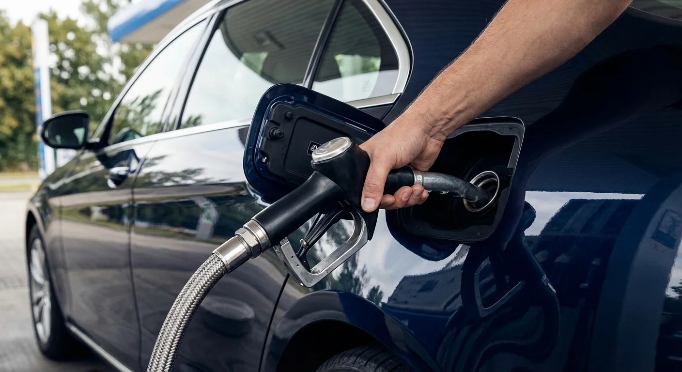 A clean gas pump nozzle being placed into a car's fuel tank with sharp reflections.