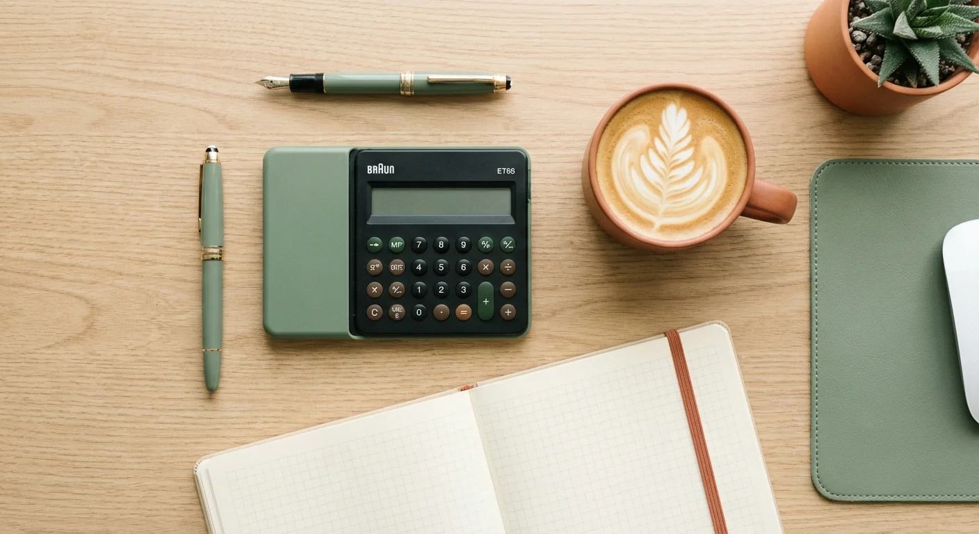 A clean, organized desk with a calculator and coffee, ready for financial planning.