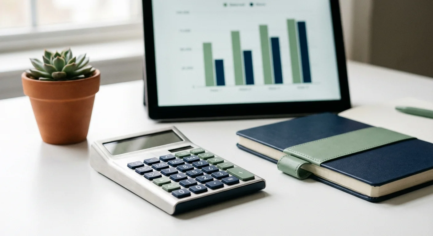 A clean, organized desk with a calculator and tablet representing financial balance.