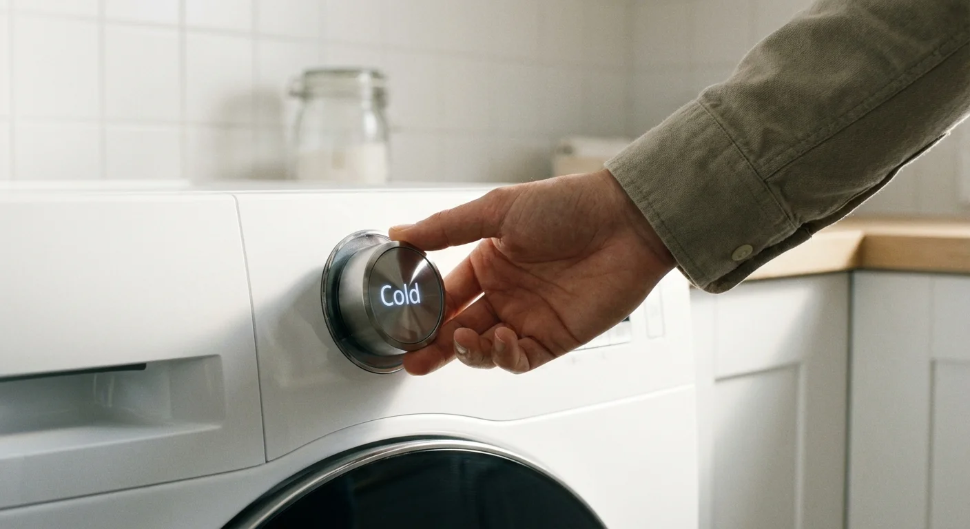 A close-up of a hand selecting the cold water setting on a modern washing machine.