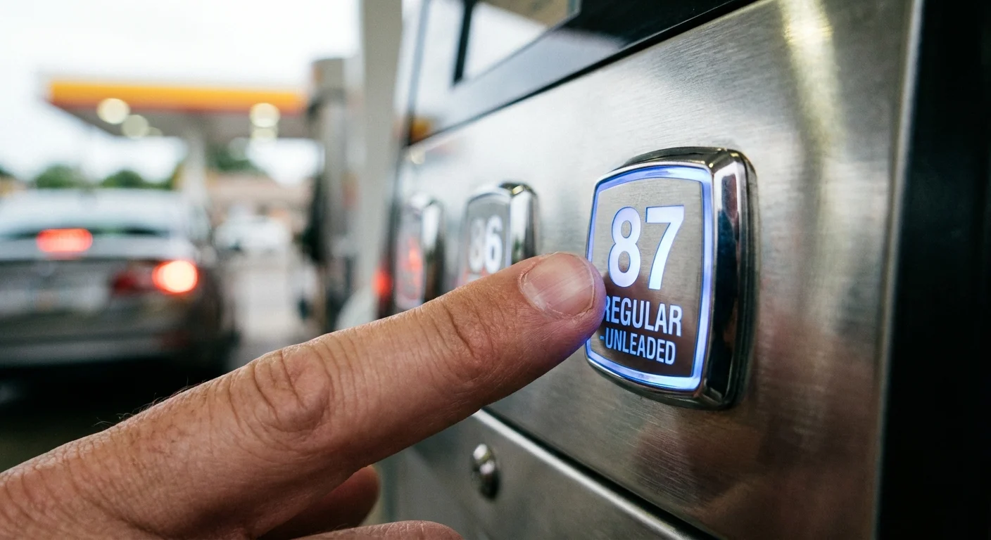 A close-up of a hand selecting the regular 87 octane fuel button at a gas pump.