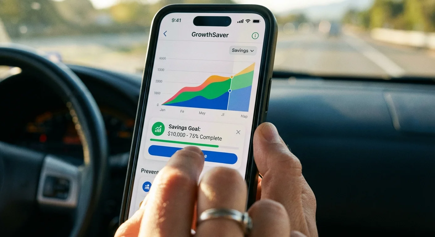 A close-up of a person using a financial app on their phone inside a car.