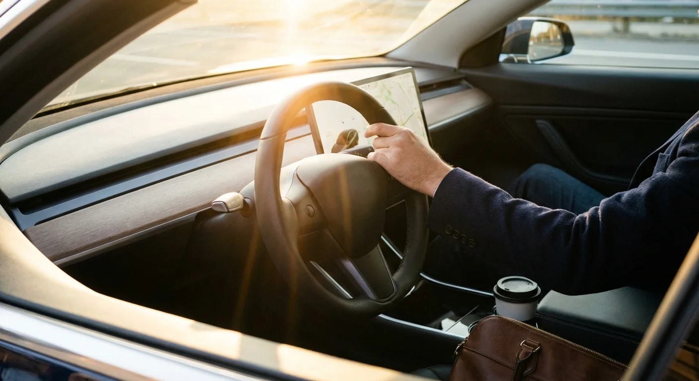 A close-up of a professional commuting in a car during a bright sunrise.