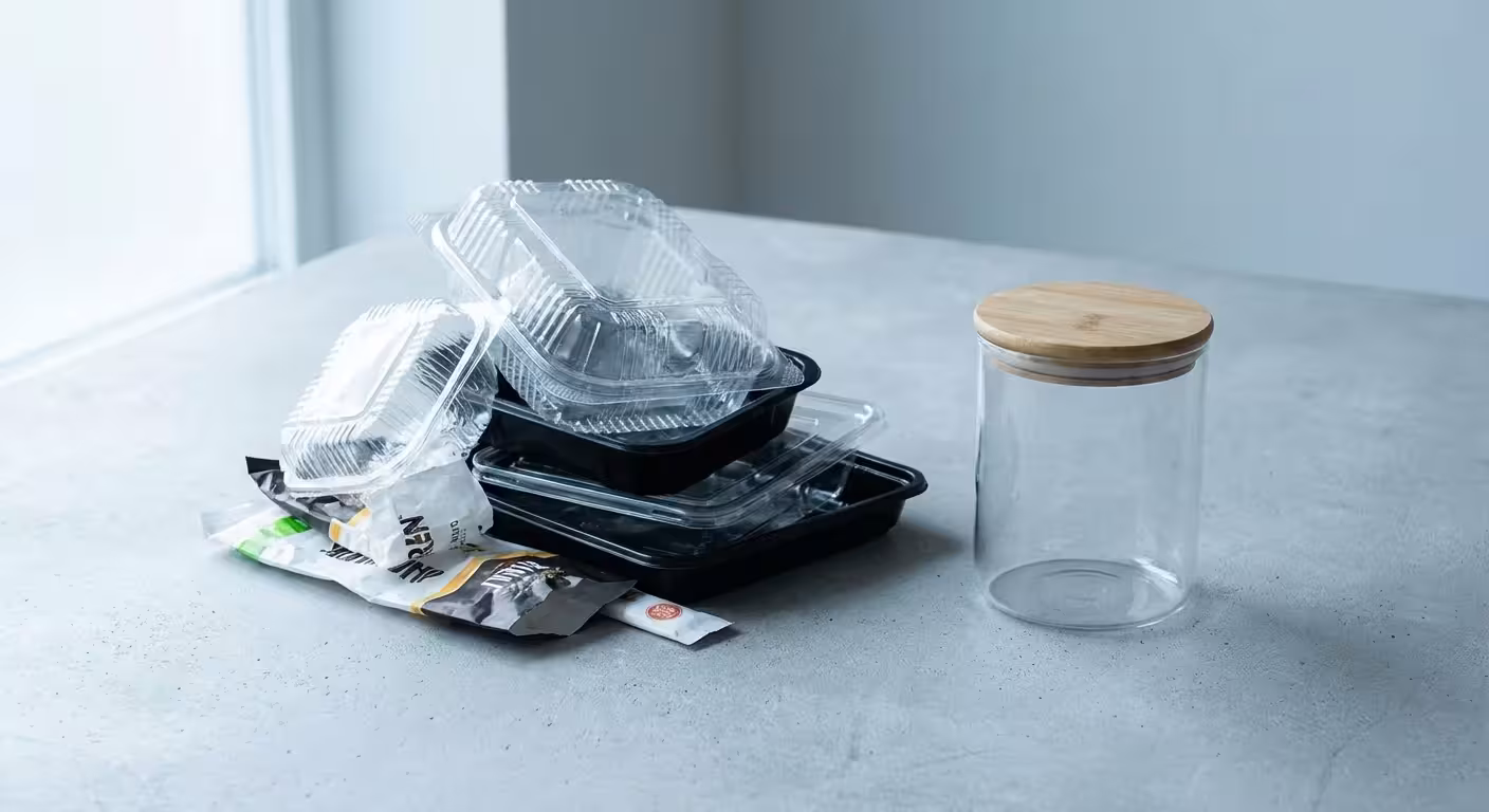 A comparison between wasteful plastic food packaging and a sustainable glass container.