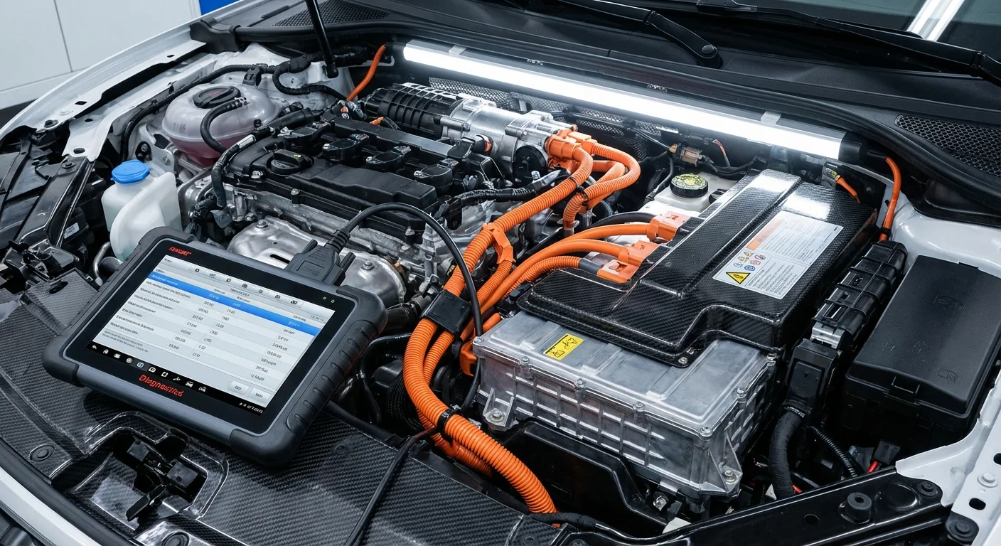 A complex hybrid car engine with professional diagnostic equipment.