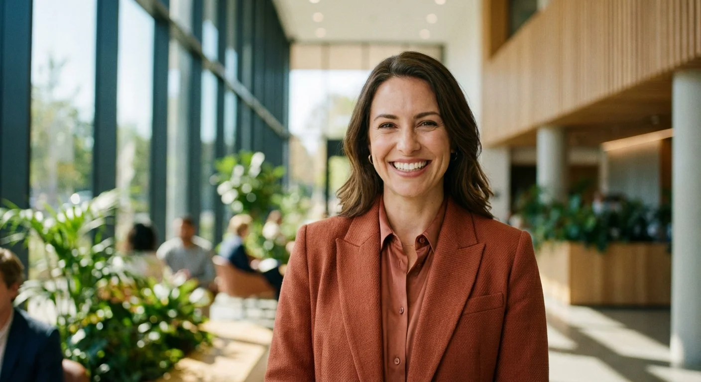 A confident professional woman standing in a modern, sunlit office building.