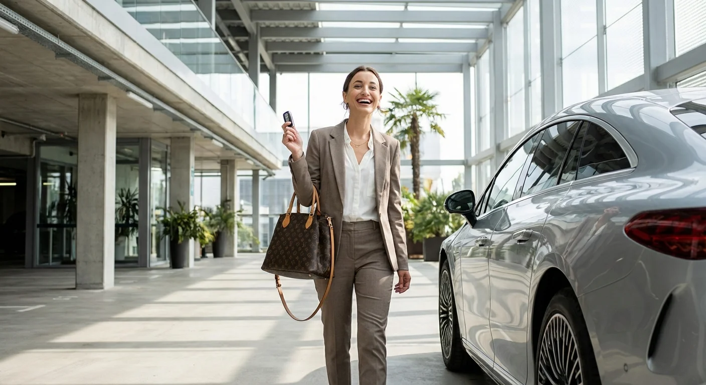 A confident woman walking to her car with keys, showing successful buyout execution.