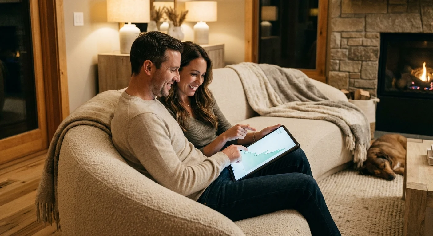 A couple discussing their net worth progress on a tablet in a comfortable living room.