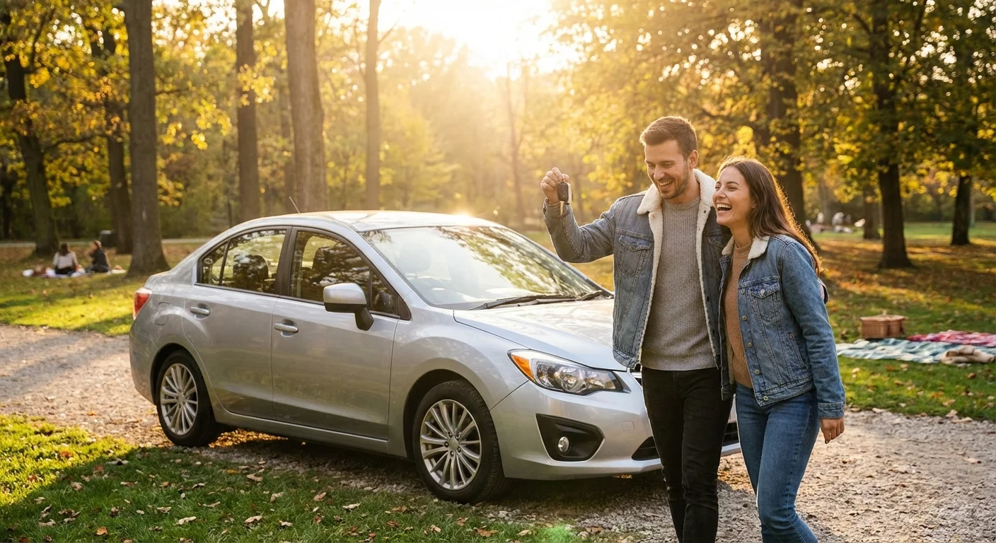 A couple holding car keys next to their vehicle, looking satisfied with their purchase.
