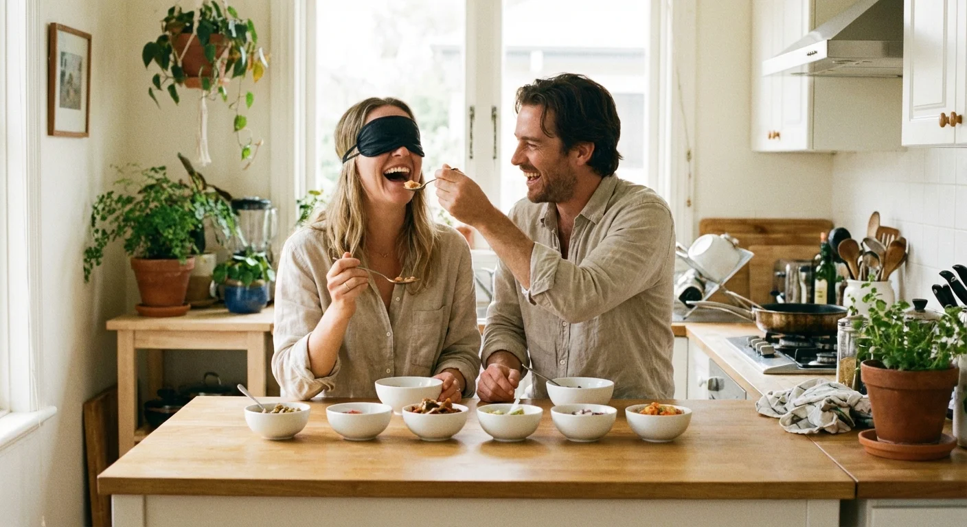 A couple laughing during a blind taste test with small white bowls at home.
