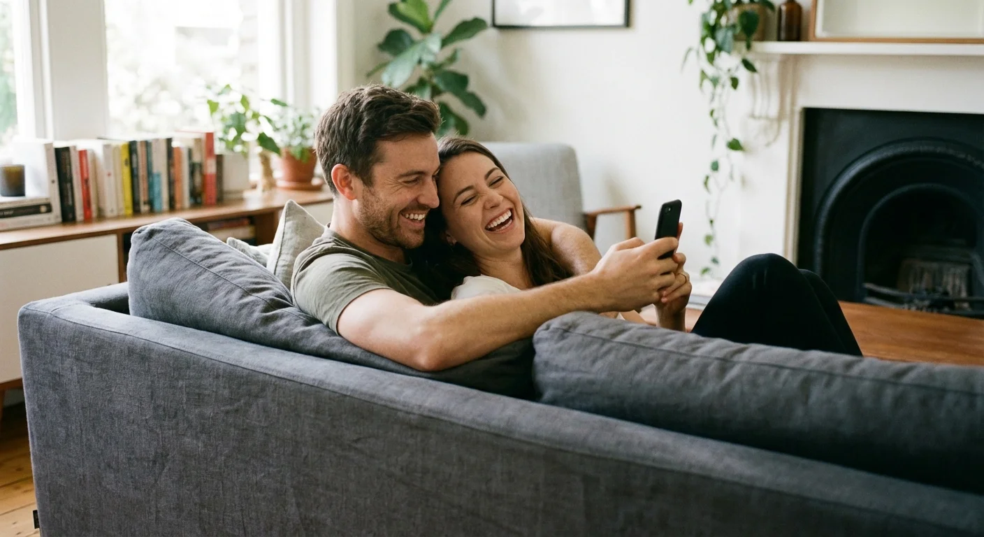 A couple laughing while looking at a single phone screen together on a couch, showing the intimacy of shared financial goals.