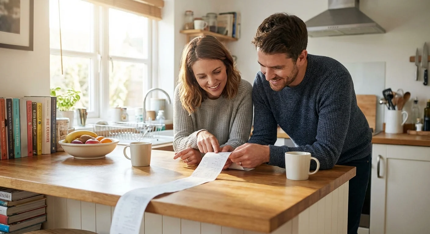 A couple looking at a long receipt together in a kitchen, representing the process of catching common budgeting mistakes.