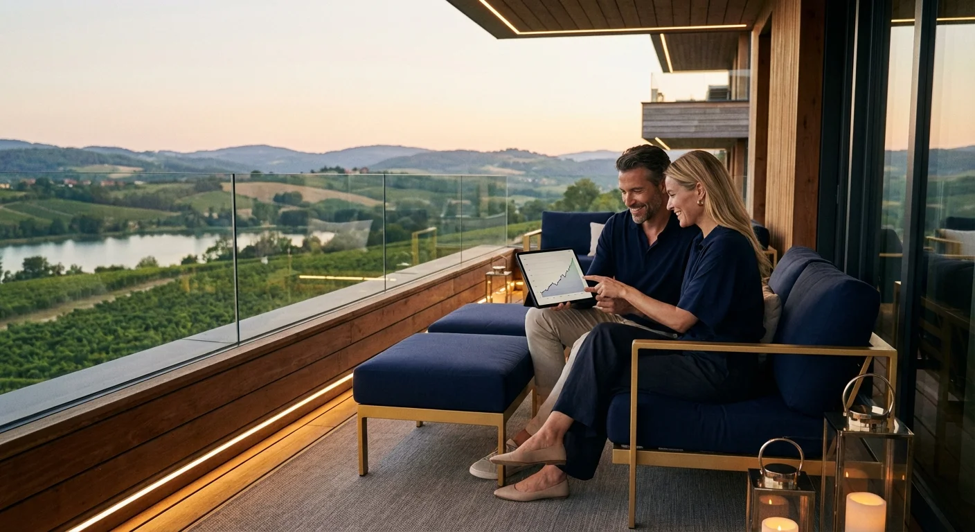 A couple reviewing investment charts on a tablet at sunset, representing long-term planning.