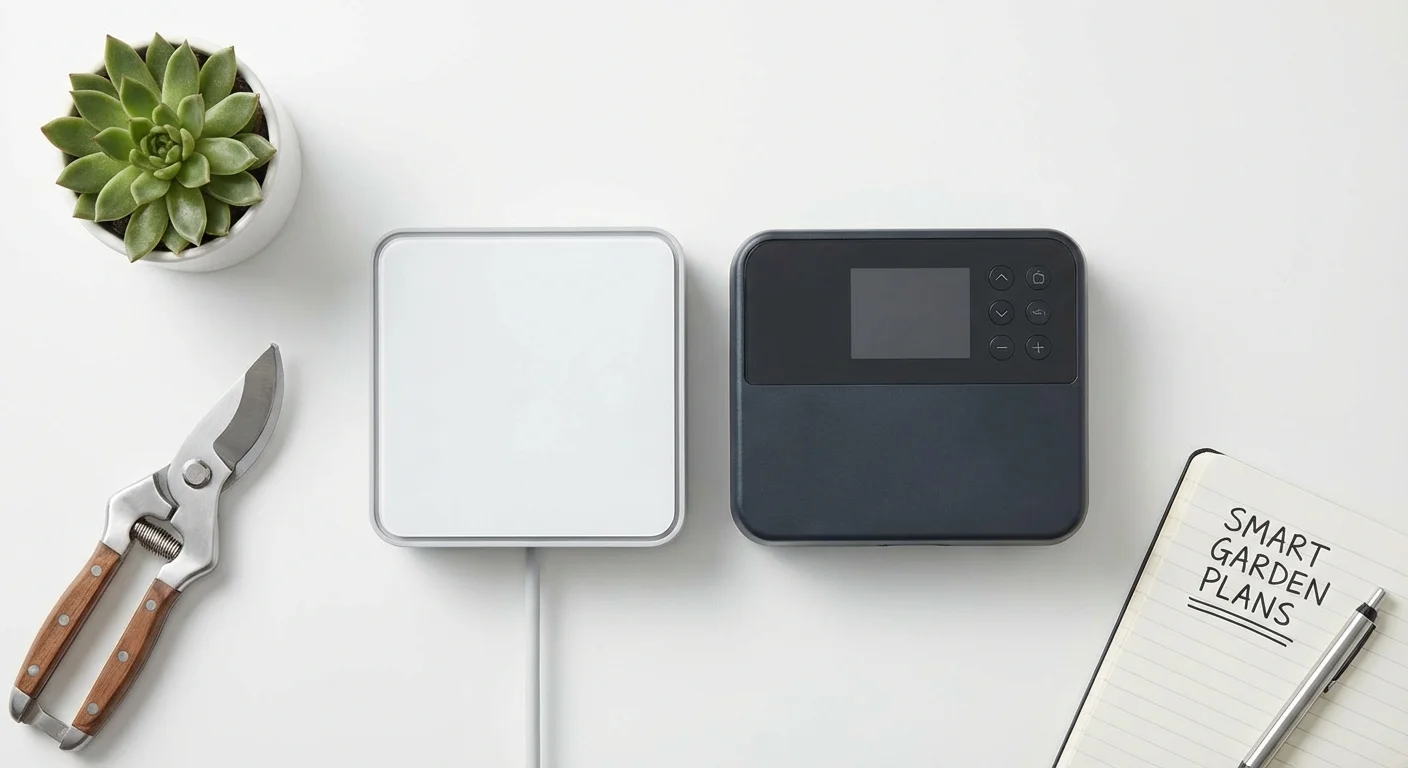 A curated flat lay of smart sprinkler devices and gardening tools on a white desk.