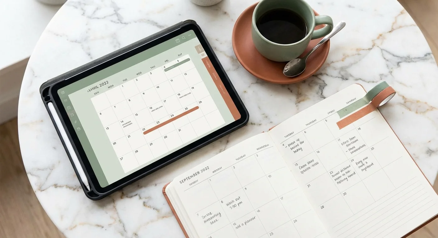 A digital tablet and a paper planner on a table, showing different ways to track money.