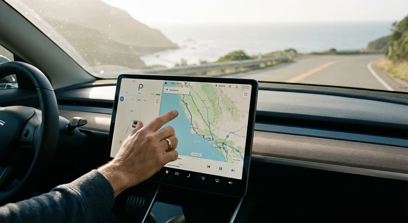 A driver's hand interacting with a car's dashboard navigation screen in soft morning light.
