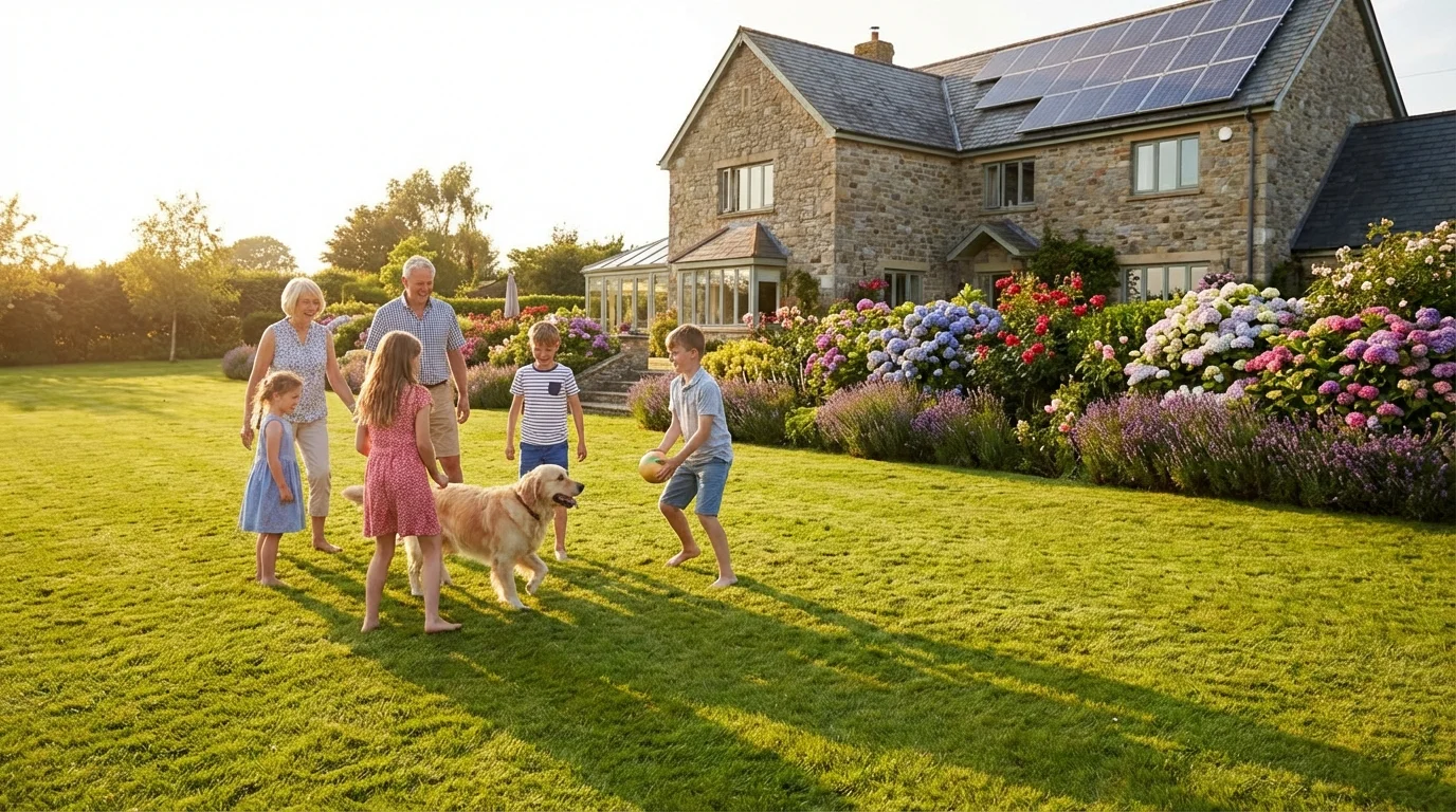 A family enjoying a healthy, green lawn during a sunlit afternoon.