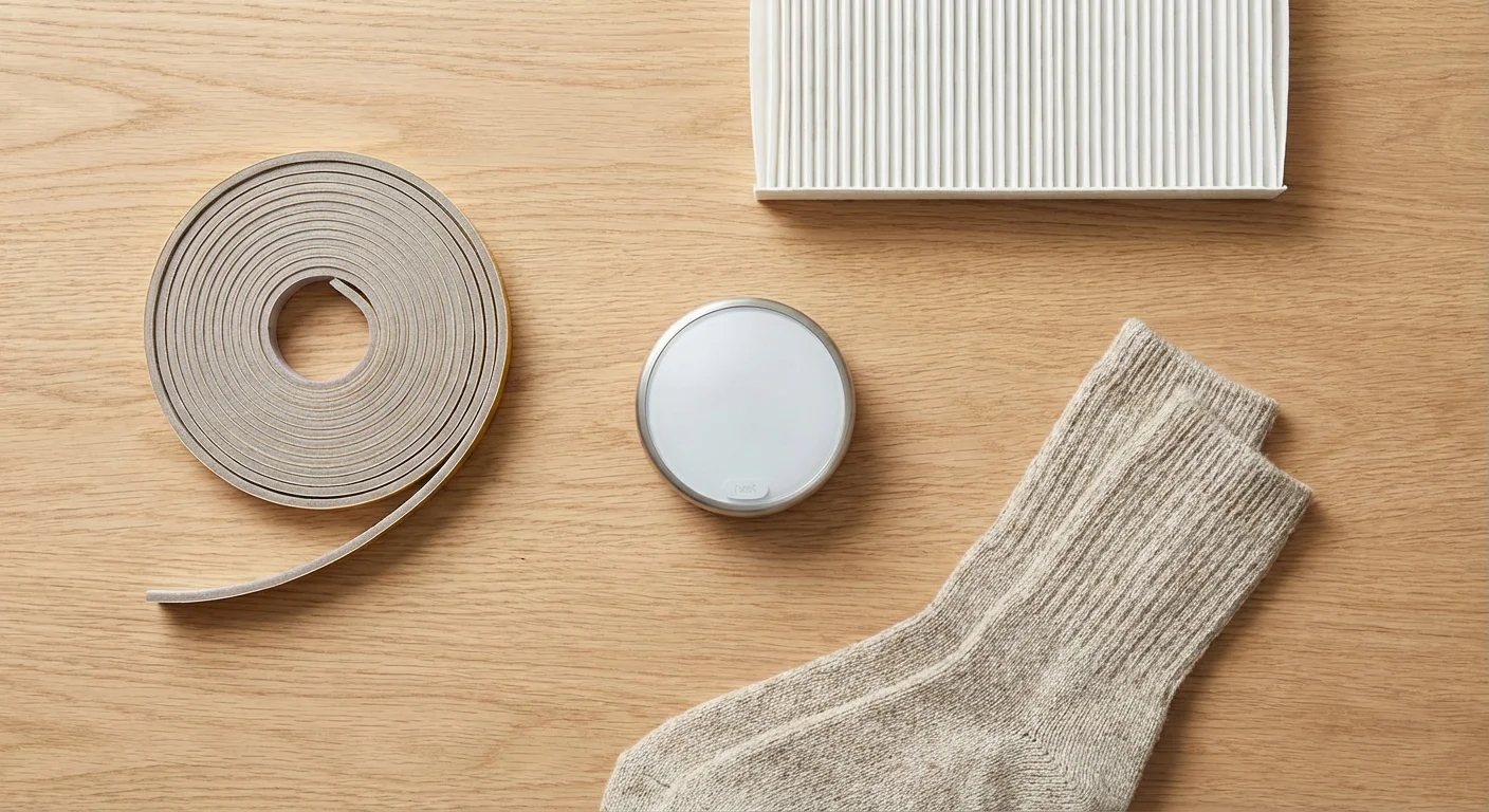 A flat-lay of winter energy-saving tools including a thermostat and weatherstripping.