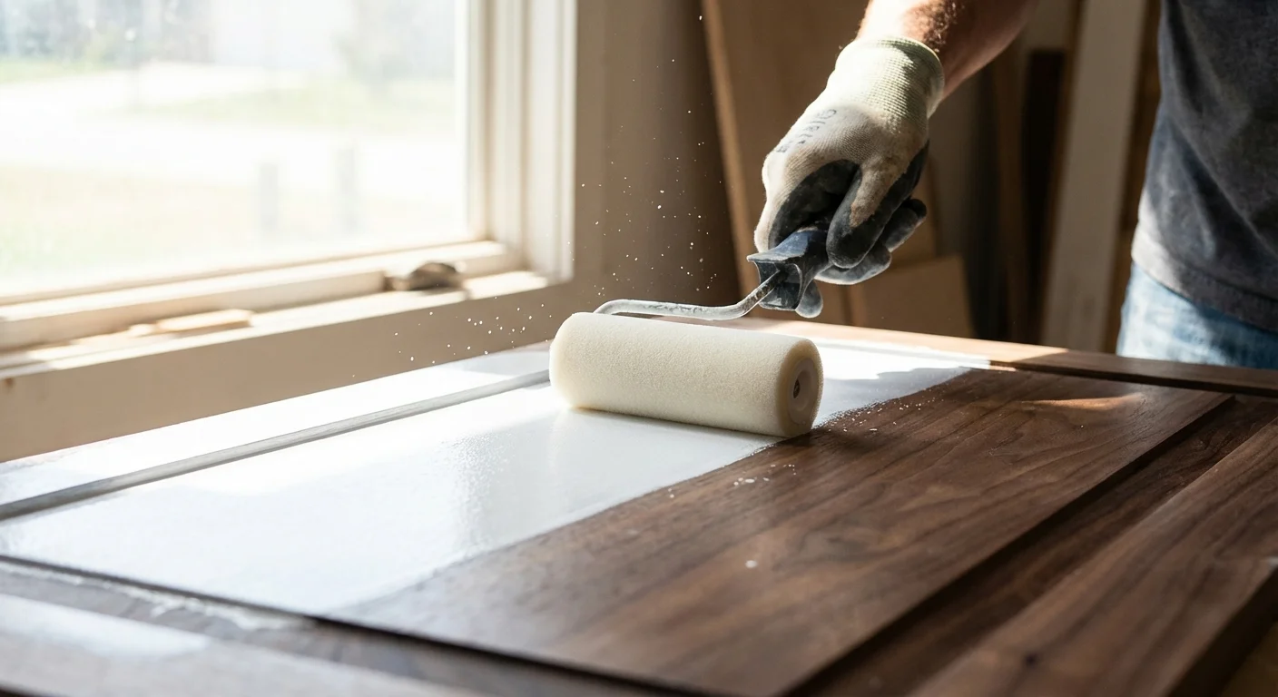 A foam roller applying white primer to a dark wood cabinet door.