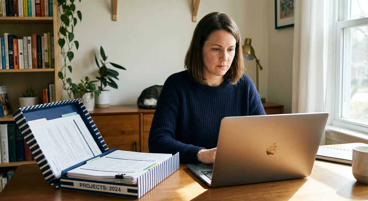 A freelancer reviewing organized tax documents at a desk.