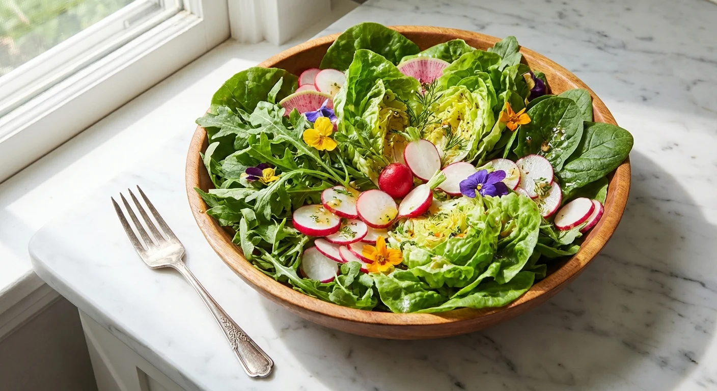A fresh, vibrant salad in a wooden bowl made from homegrown ingredients.