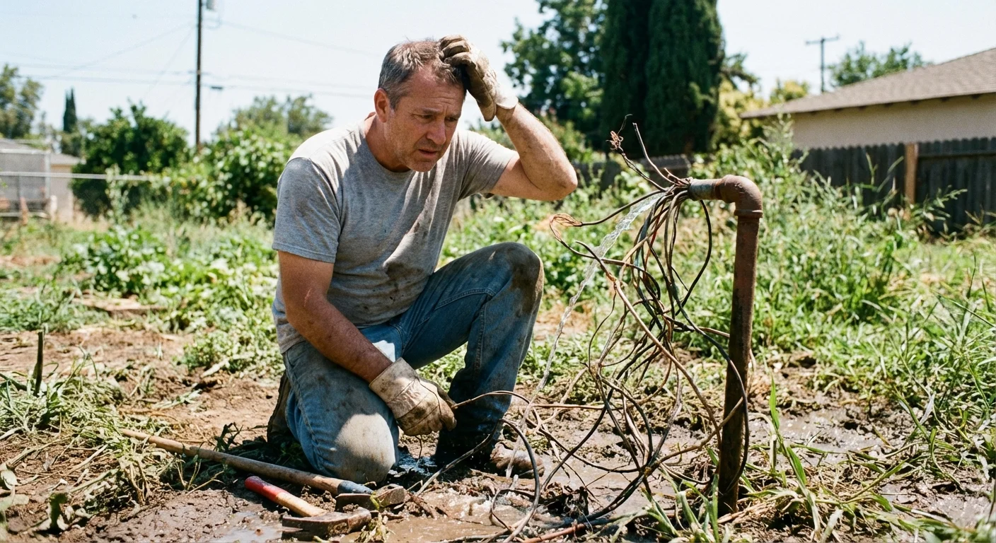 A frustrated homeowner looking at tangled irrigation wiring and a leaky pipe.