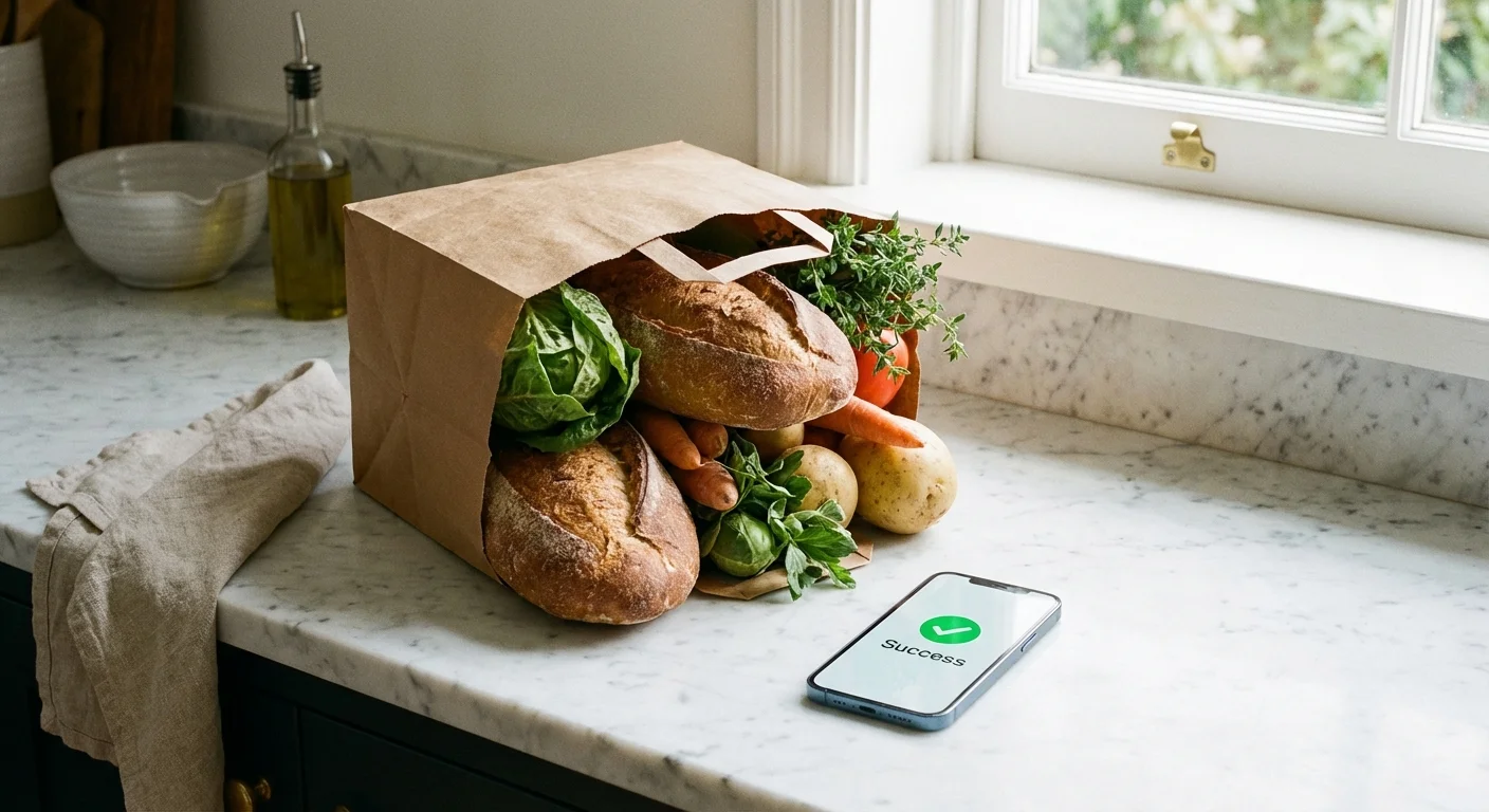 A full grocery bag on a counter next to a smartphone showing a success notification.