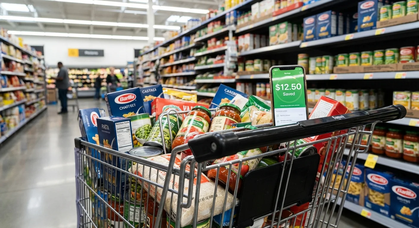 A grocery cart filled with staples with a smartphone resting on the handle.