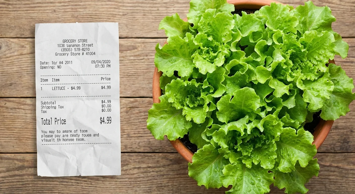 A grocery receipt placed next to a thriving pot of green lettuce to symbolize savings.