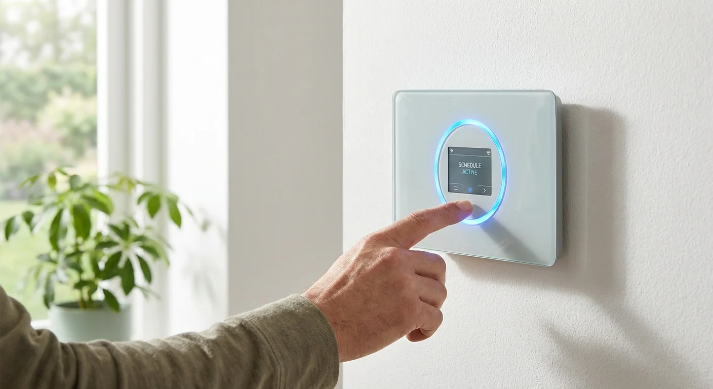 A hand adjusting a modern smart sprinkler controller mounted on a wall.