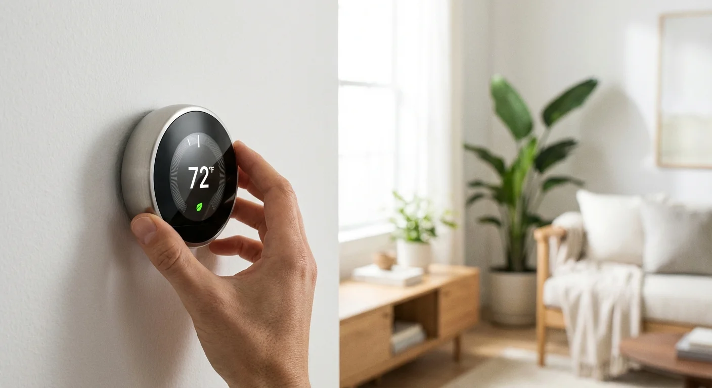A hand adjusting a modern smart thermostat to an energy-saving temperature.