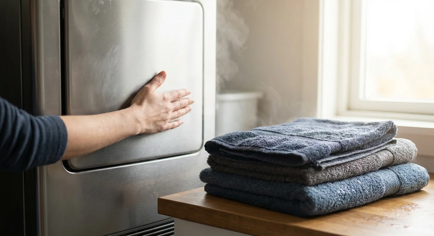 A hand checking the temperature of a dryer next to a stack of laundry.