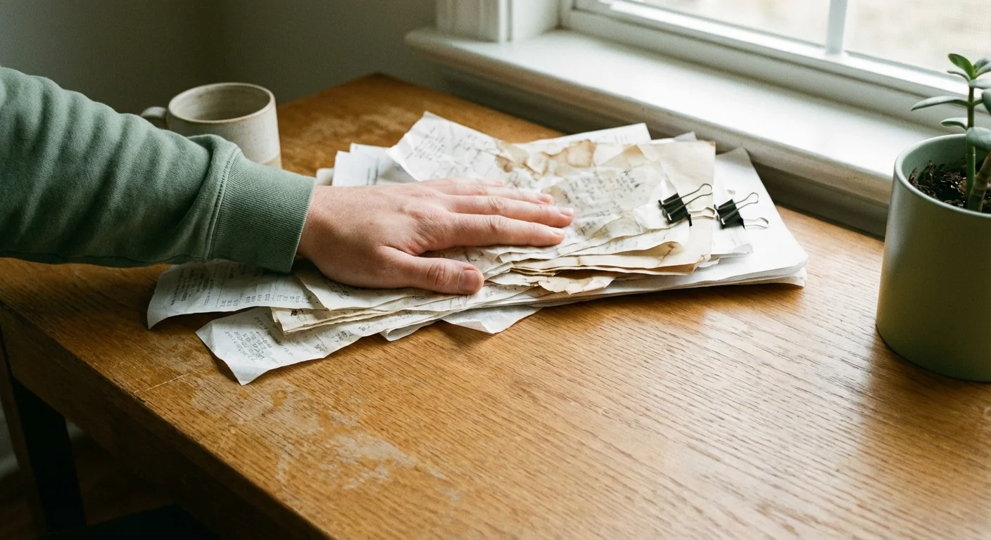 A hand clearing away a pile of receipts to reveal a clean wooden table.