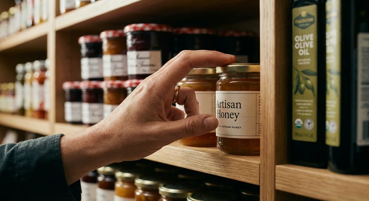 A hand hesitating while reaching for a product on a store shelf.