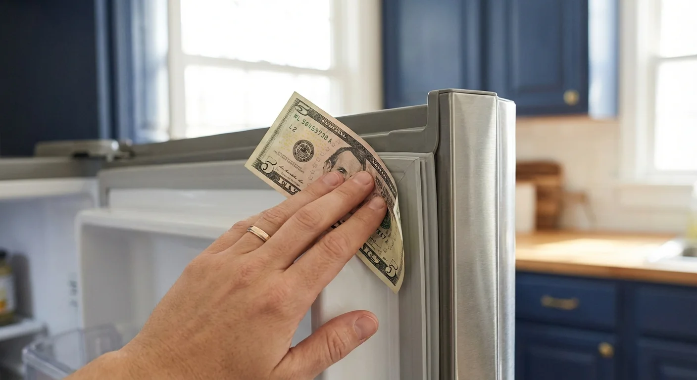 A hand performing the dollar bill test on a refrigerator door seal.